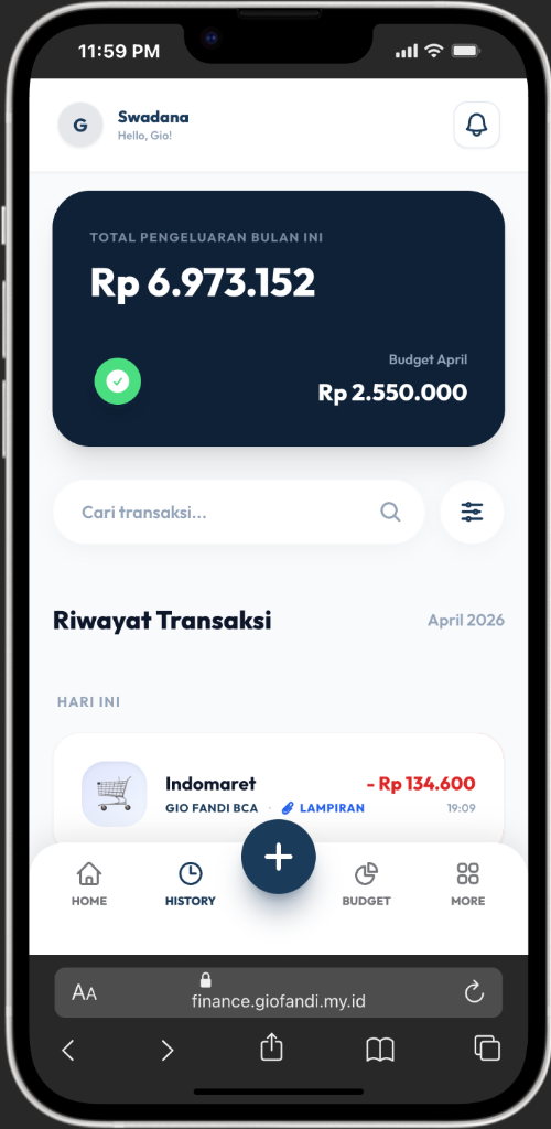Tampilan dashboard SwaDana untuk pencatatan keuangan dan analisis pengeluaran